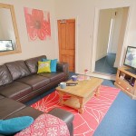 Student living room with leather corner sofa and colourful decor